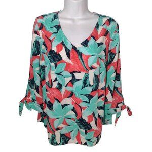 Talbots Tropical Flower Tunic Top M Petite Silky Resort Vacation Artsy Office